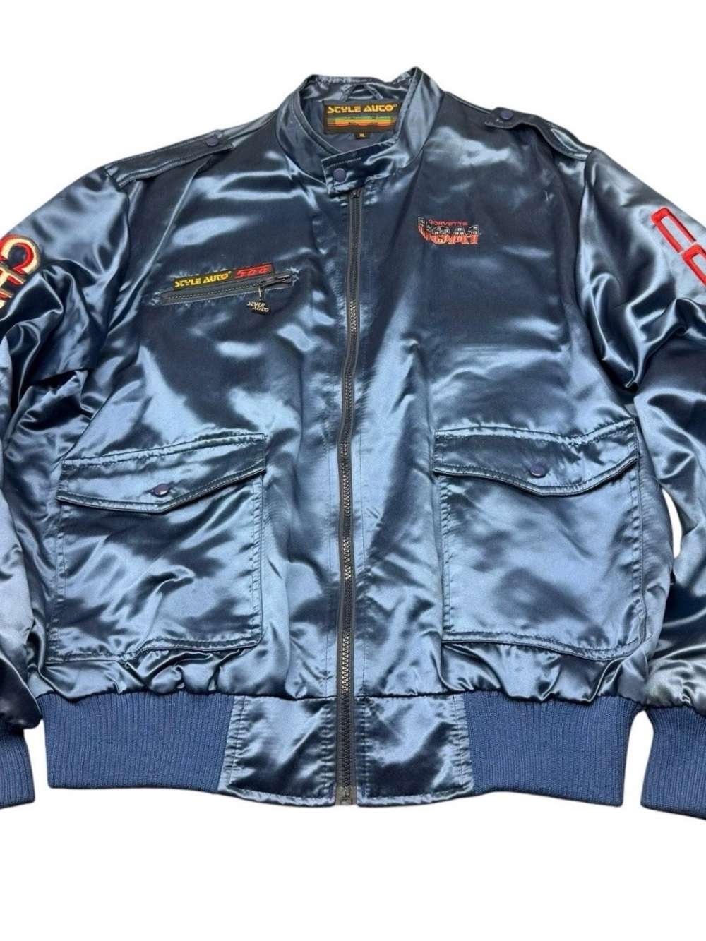 Vtg Style Auto Chevrolet Corvette Satin Bomber Jacket Blue Deadstock Men XL
NWOT
